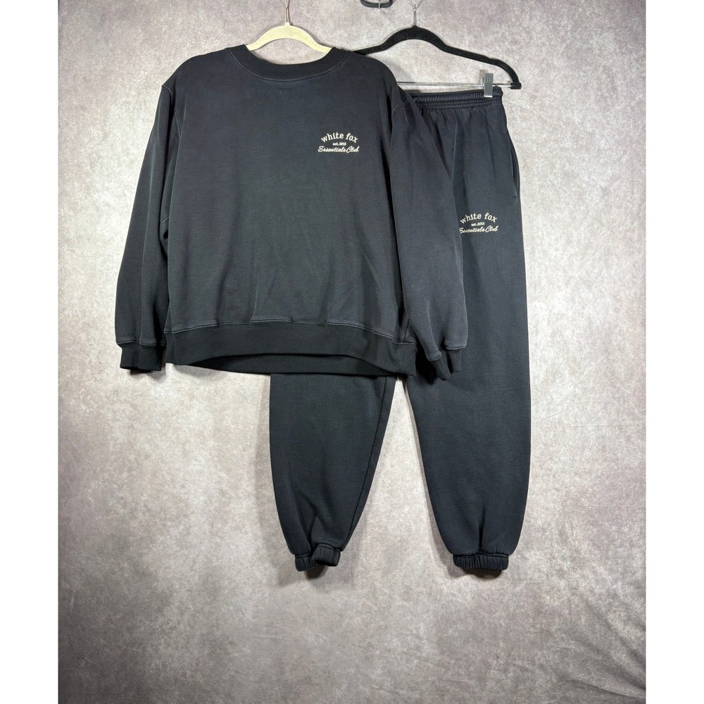 White Fox Sweatsuit Womens M Black Essentials Club Jogger Crewneck Athleisure